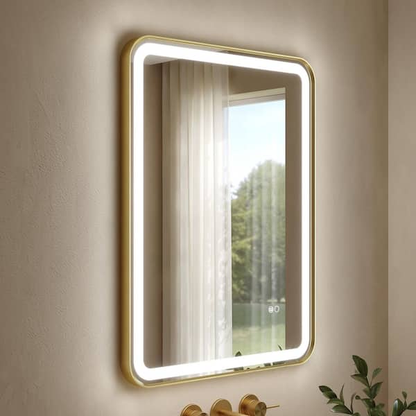 BONIE 24 in. W x 32 in. H Rectangular Framed Anti-Fog LED Wall Bathroom Vanity Mirror in Brushed Gold