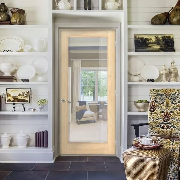 36 in. x 80 in. Left Handed Unfinished Pine Wood Clear Glass Full Lite Single Prehung Interior Door