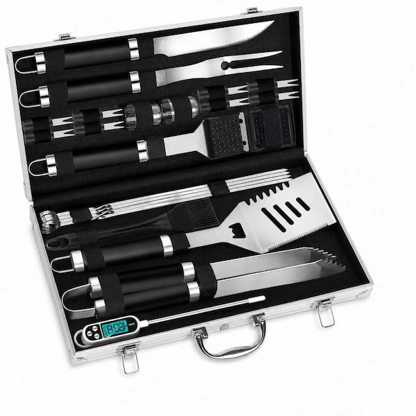 26-Piece Black Stainless Steel BBQ Grill Accessories Tools Set, BBQ Utensils Kit with Apron, Thermometer and Mats