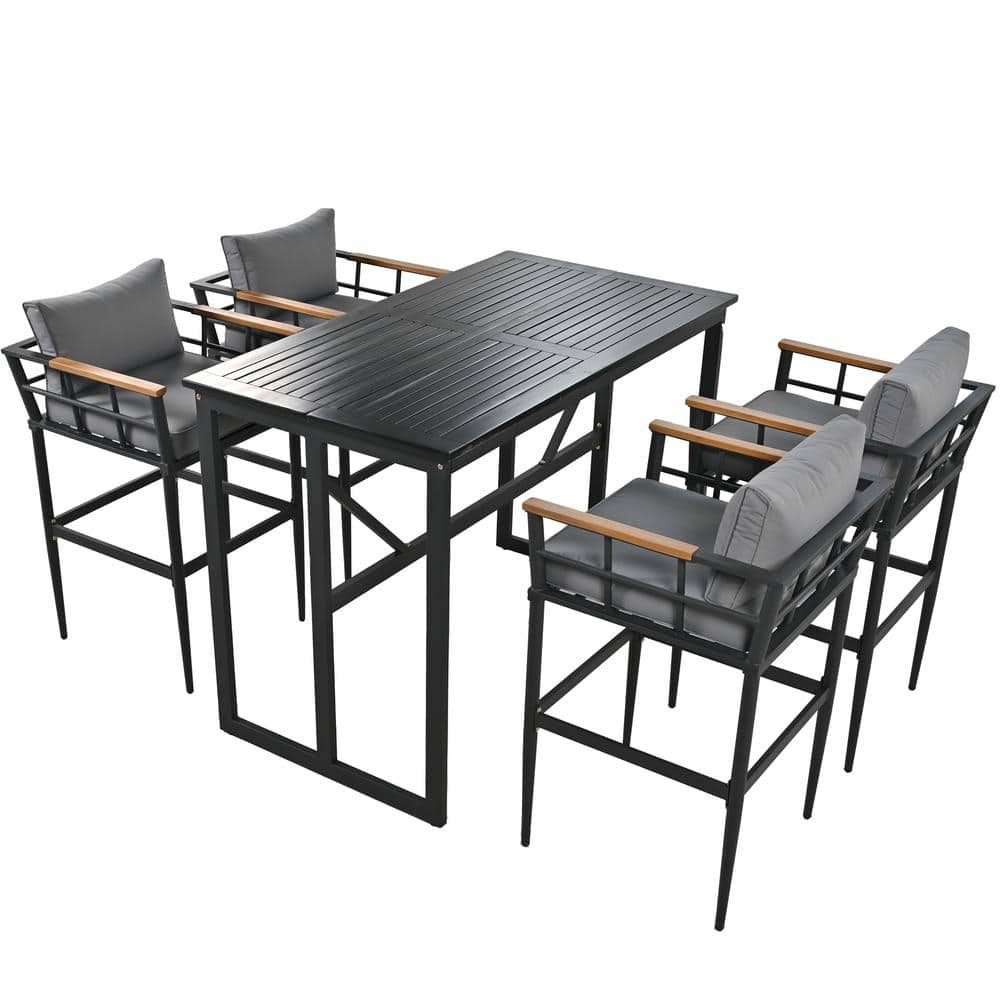 5-Piece Metal Table Wood Chair Outdoor Dining Set with Gray Cushions, for P