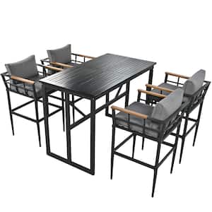 5-Piece Metal Table Wood Chair Outdoor Dining Set with Gray Cushions, for Patio, Balcony or Backyard