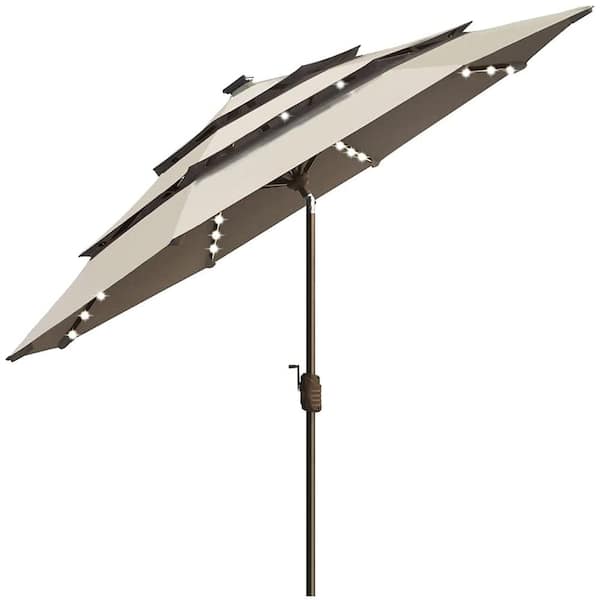 Terracemaster 9 ft. 3-Tiers Market Umbrella Solar Patio Umbrellas 10-Year-Non-Fading Sunumbrella w/ 80 LED Lights in Beige
