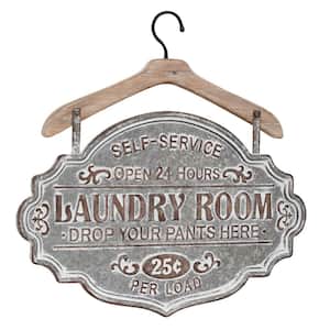 22 in. x  22 in. Metal Gray Laundry Room Sign Wall Decor with Brown Wood Hanger
