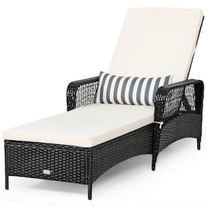 1-Piece Adjustable Backrest Wicker Outdoor Chaise Lounge with 1 Pillow and White Cushion