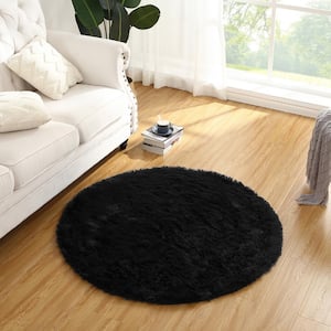 Polyester Faux Fur Black 4 ft. x 4 ft. Solid Fluffy Round Area Rug