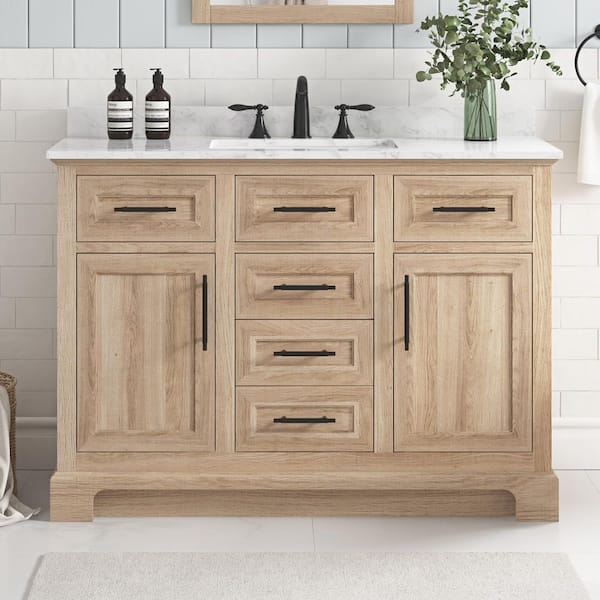 Doveton 48 in. Single Sink Freestanding Weathered Tan Bath Vanity with White Engineered Marble Top (Assembled)