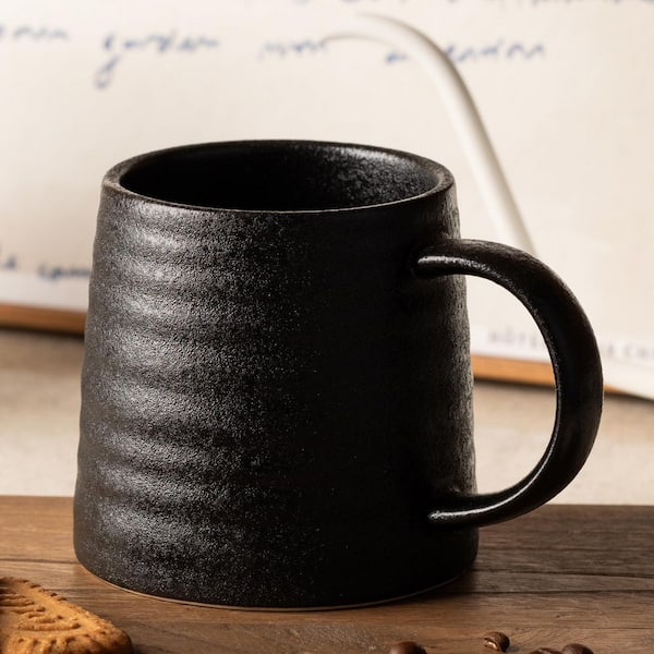 Wudkey 16 oz. Black Creamic Tea Cups with Handle, Handmade Wide Bottom Pottery Mug, Dishwasher and Microwave Safe