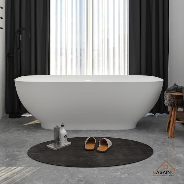 CASAINC 67 in. Square Stone Resin Composite Round Solid Surface Freestanding Flatbottom Non-Whirlpool Bathtub in White