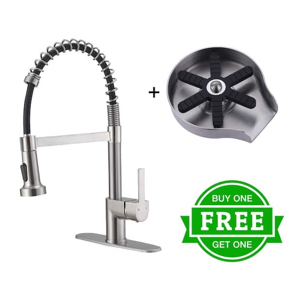 BWE Single Handle Pull-Down Sprayer Kitchen Faucet Bundle Glass Rinser in Brushed Nickel
