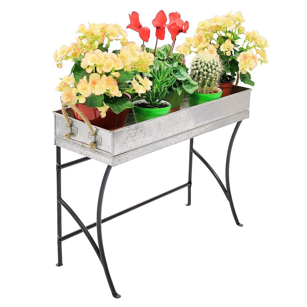 28" Black and Galvanized Steel Trestle Plant Stand
