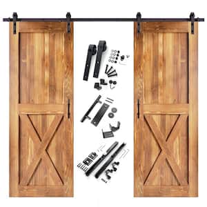 30 in. x 96 in. X-Frame Early American Double Pine Wood Interior Sliding Barn Door with Hardware Kit, Non-Bypass