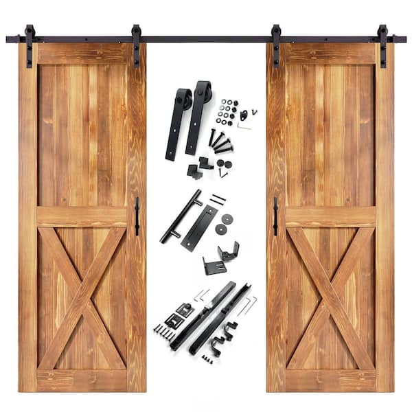 HOMACER 30 in. x 96 in. X-Frame Early American Double Pine Wood Interior Sliding Barn Door with Hardware Kit, Non-Bypass