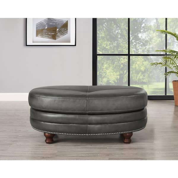 Belfast Vintage Ash Grey 100% Leather Oval Ottoman