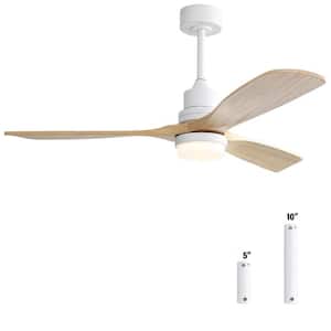 52 in. Integrated LED Indoor Matte White Ceiling Fan with Light and Remote Control, Solid Wood Blades
