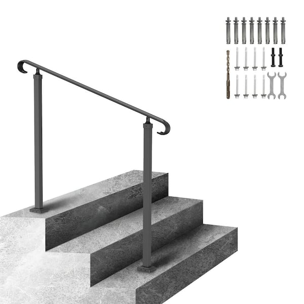 1-3 Steps Handrail, 37.8 in. x 47.2 in., Black, Adjustable Wrought Iron Stair Railing, Stair Railing Kit