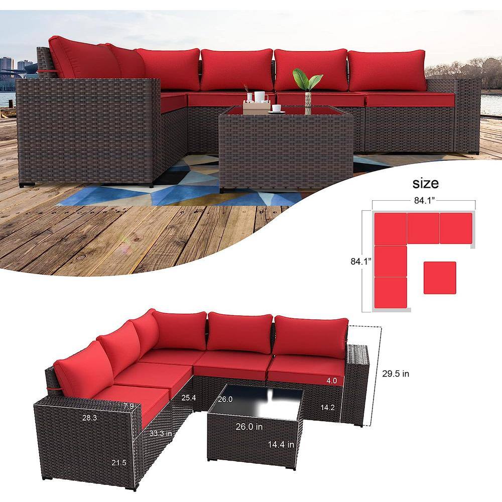 5-Person Brown Steel Frame Red Cushioned Wicker Outdoor Sectional Set