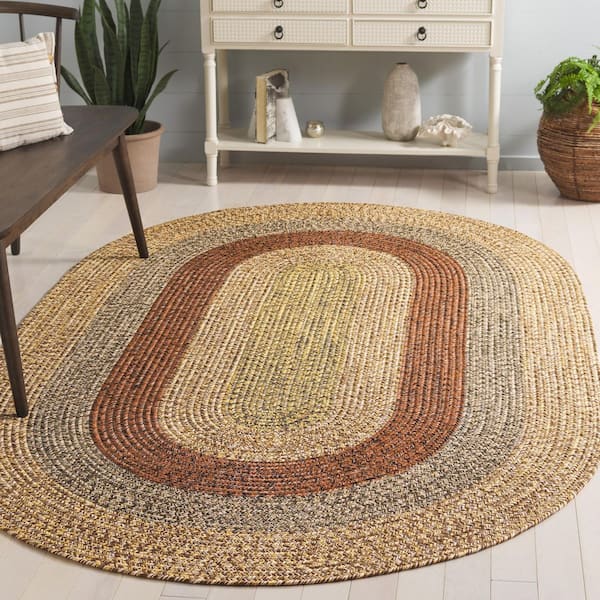Braided Brown/Gold 8 ft. x 10 ft. Machine Washable Solid Striped Border Oval Area Rug