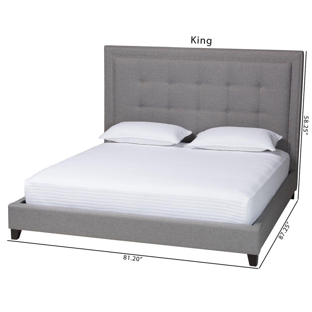 Elegant Gray Linen King Platform Bed with Tufted Headboard and Nailhead Trim