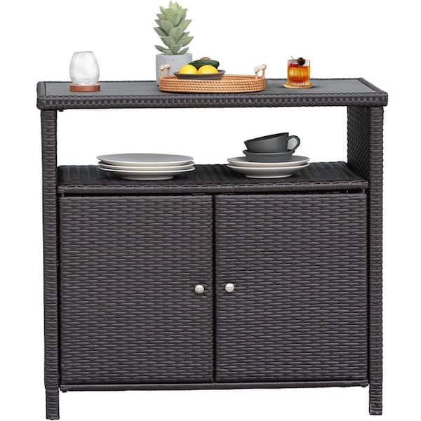 Dark Brown Wicker Bar Height Outdoor Bistro Table with Shelves and Storage Cabinet, Patio Counter Buffet Bar Table