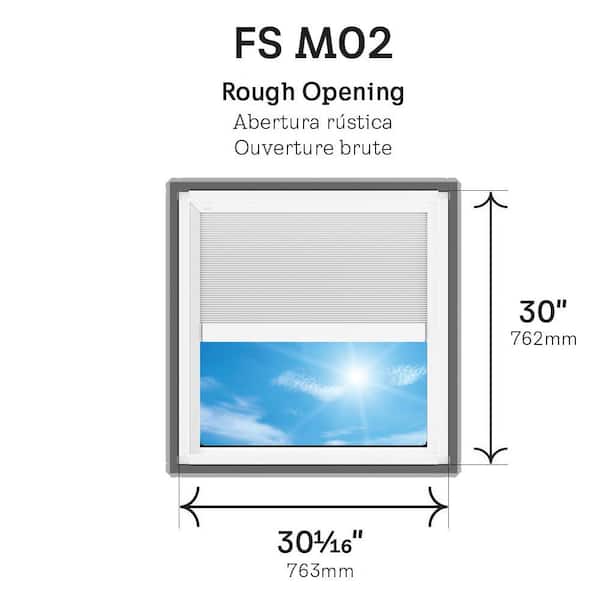 30-1/16 in. x 30 in. Fixed Deck Mount Skylight with Laminated Low-E3 Glass, White Solar Powered Room Darkening Shade