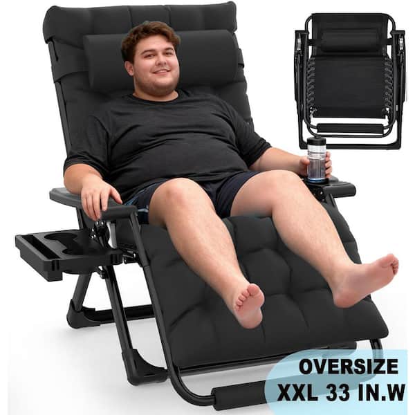 33 in. W Oversized Zero Gravity Chair Metal Outdoor Chaise Lounge with Black Removable Cushion and Headrest