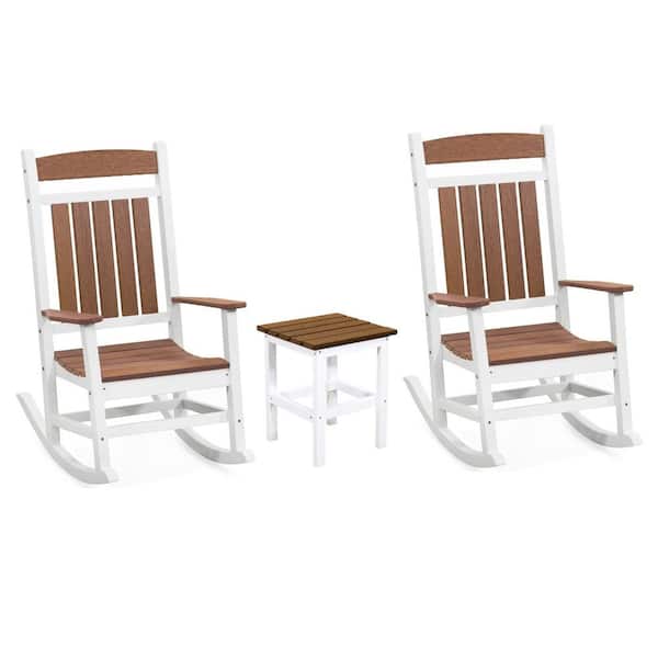 DUROGREEN Classic White and Antique Mahogany Rocker 3-Piece Plastic Outdoor Chat Set