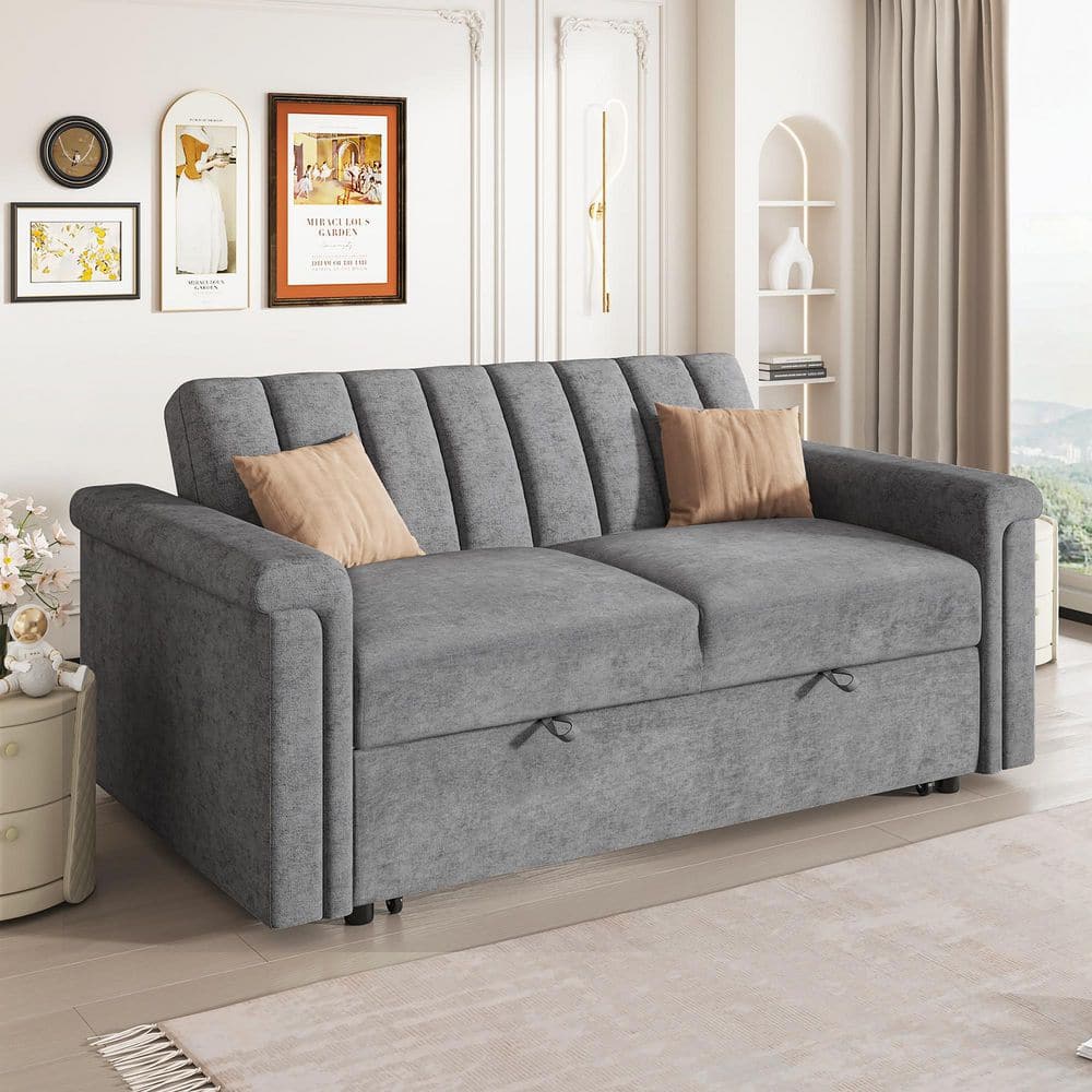 J&E Home 84.6 in. Brown Square Arm Linen Twin Size