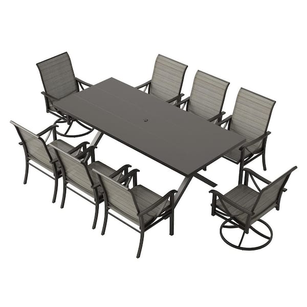 9-piece Metal Patio Outdoor Dining Set with 6 Fixed Chairs, 2 Swivel Chairs, Umbrella Hole and Brown Textilene Fabric
