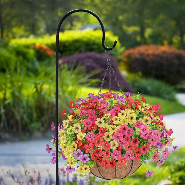 Afoxsos 12in. Green Artificial Hanging Plant Basket with UV-Resistant Flowers 21 in. H