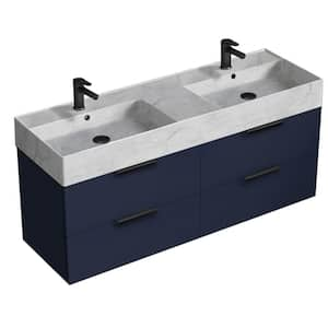 Derin 55.51 in. W x 18.11 in. D x 25.2 in. H Modern Wall Mounted Bathroom Vanity in Night Blue with White Ceramic Top