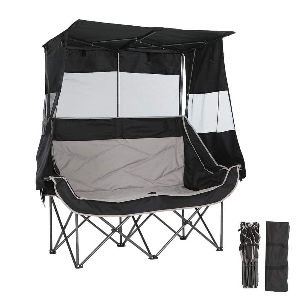 Double Outdoor Camping Loveseat with Canopy, Folding Sun Shade Chair with Cooler, Cup Holders & Storage for Camping price history on PriceWatchPro