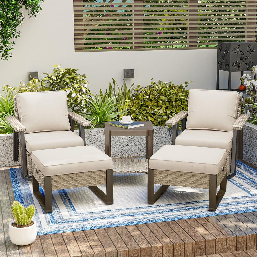 5-Piece Wicker Outdoor Lounge Chair Patio Swivel Glider Set with Beige Cushions and Ottomans price history on PriceWatchPro