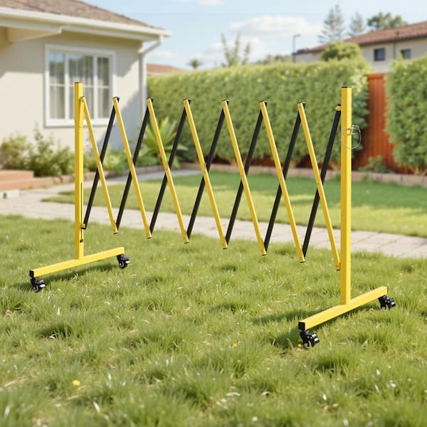 Industrial Expandable Barricade, 150.39 in. W x 40.16 in. H Yellow Iron Free Standing Security 1-Pack, Locking Casters