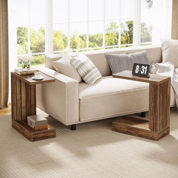 BYBLIGHT Kerlin 24 in. Brown C-Shap Wood End Table, Narrow Side Table for Couch