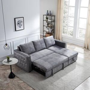 91 in. W Gray Velvet Full Size 3 Seats Reversible Sectional Sofa Bed with Copper Nail