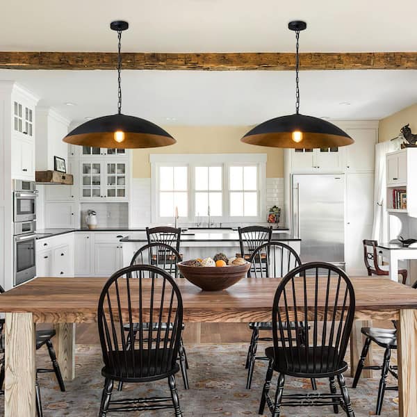 60-Watt 1 Light Black Industrial Modern Dome Pendant Light, Farmhouse Chandelier, Vintage Ceiling Hanging Light Fixture