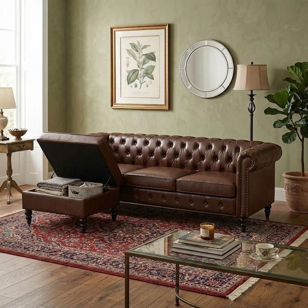 85 in. Faux Leather L-Shaped Sectional Sofa with Storage Ottoman, Tufted Back in Brown