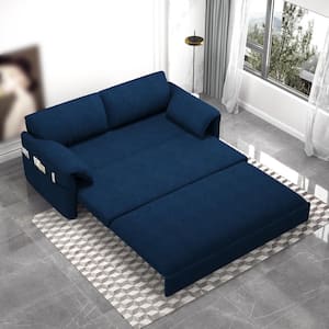 3-in-1 Convertible 63.8 in. Blue Soft Velvet Queen Size Sofa Bed with Side Pockets