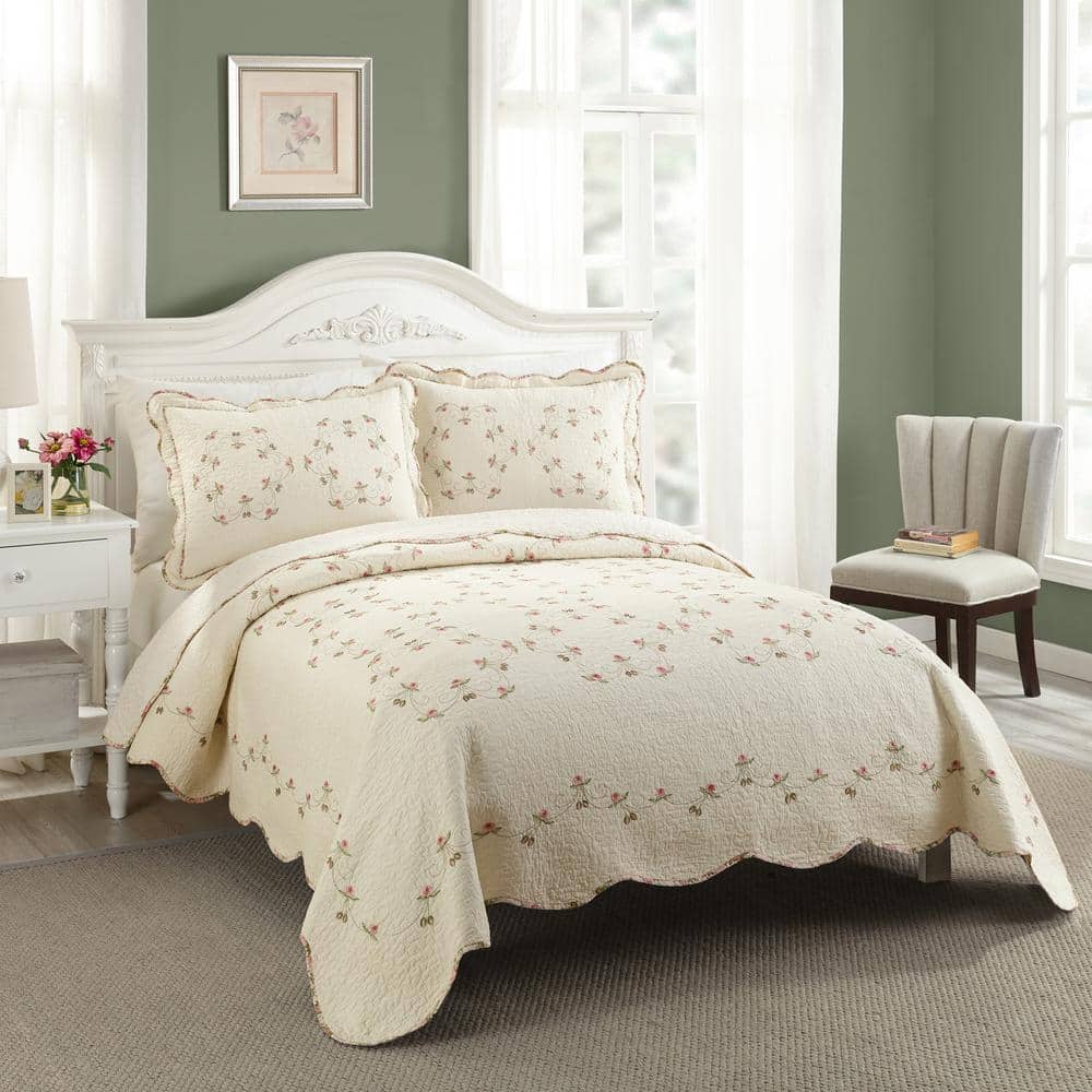 Cozy Line Home Fashions Soft Subtle Ditsy Rose Floral Garden 3-Piece Pink  Cream Scalloped Shabby Chic Cotton Queen Quilt Bedding Set BB01005239Q -  The Home Depot