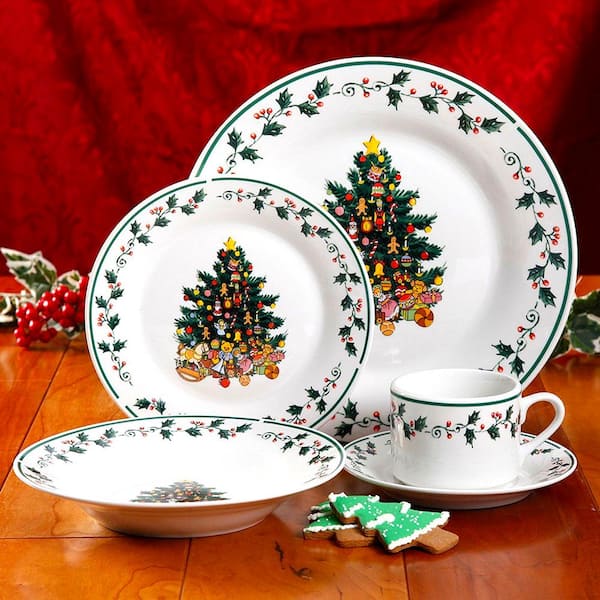 Gibson ChristmasTree Holiday 4 Piece Plates Bowl Cup Set Porcelain Dinner Ware 