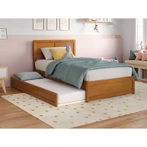 Lylah Light Toffee Natural Bronze Solid Wood Frame Twin Platform Bed with Panel Footboard and Twin Trundle