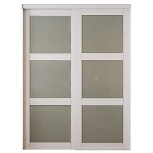 60 in. x 78.58 in. Glass White 3-Lites Frosted Primed MDF Sliding Door with Hardware Kit