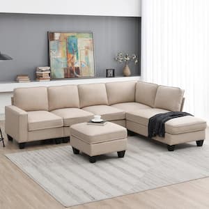 Modern 104.3 in. Khaki Twin Size Linen Sectional Sofa Bed with Chaise Lounge and Convertible Ottoman