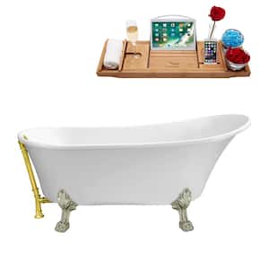 63 in. Acrylic Clawfoot Non-Whirlpool Bathtub in Glossy White With Polished Gold Drain And Brushed Nickel Clawfeet