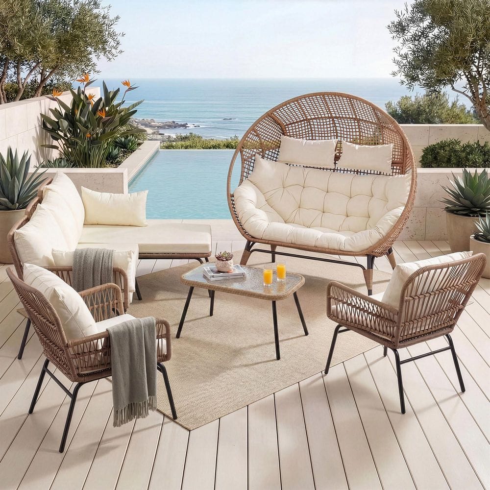 6-Piece Wicker Patio Conversation Set with L-Shaped Sofa, 2-Lounge Chairs, Double Egg Chair, Table and Beige Cushions