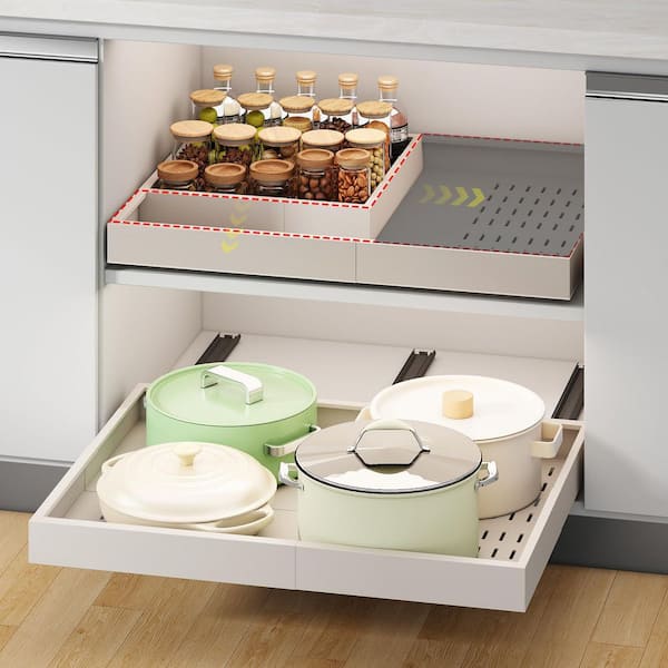 No Drill Pull out Cabinet Organizer, Width (14"-21") and Depth (17"-24") Expandable With 3 Rail for Cabinets Without Lip
