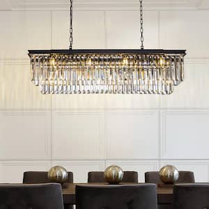 49.2in 12-Light Modern Crystal Matte Balck Linear Rectangular Chandelier with Crystal for Kitchen Island Dining Room