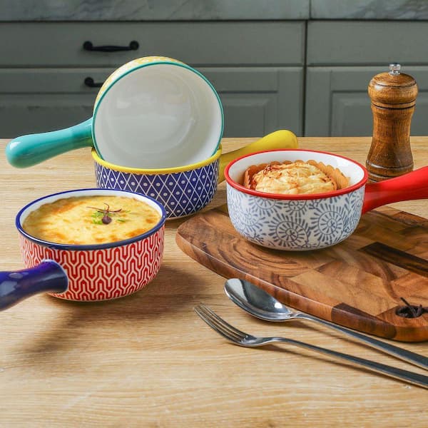 4-Piece Assorted Color Ceramic 15 oz. Soup Bowls with Handles Oven