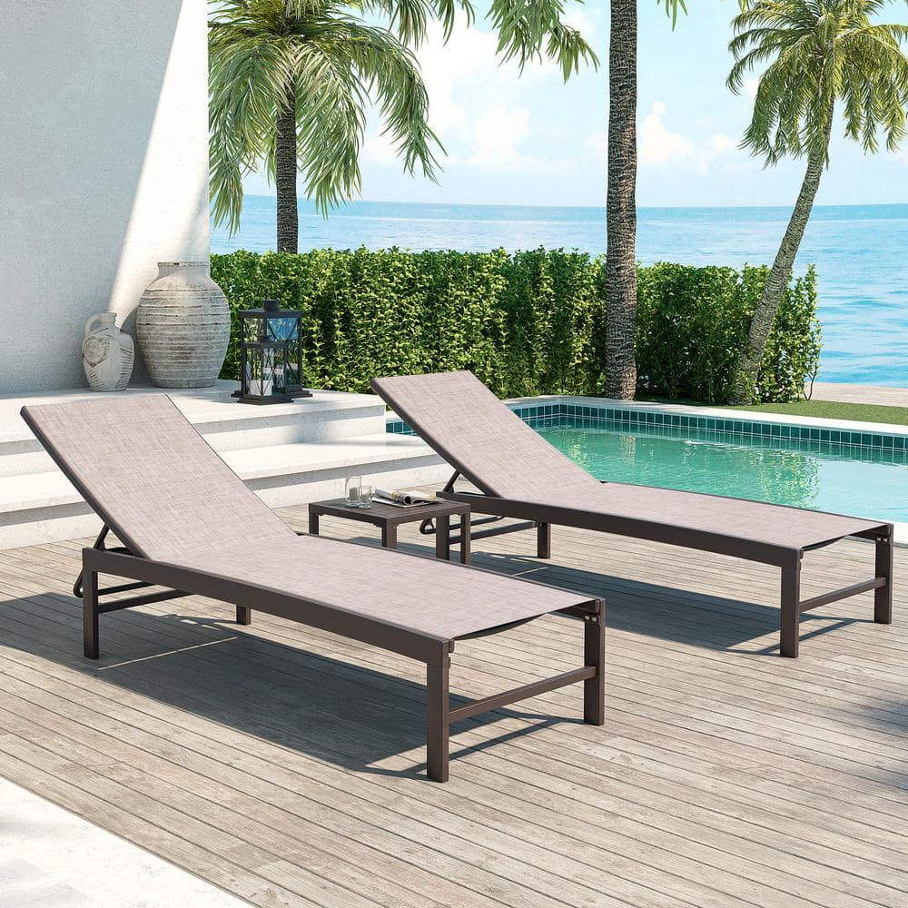 Crestlive Products 3-Piece Adjustable Aluminum Outdoor Chaise Lounge in Beige with Table Set