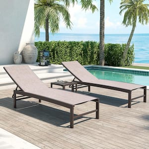 3-Piece Adjustable Aluminum Outdoor Chaise Lounge in Beige with Table Set